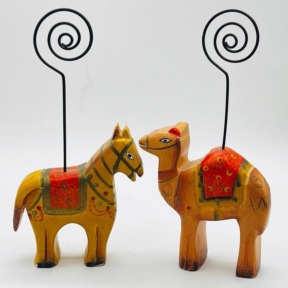 Pier 1 Wooden Dressed Animal Photo Holder Table Camel Donkey Nursery Décor 6.5”T